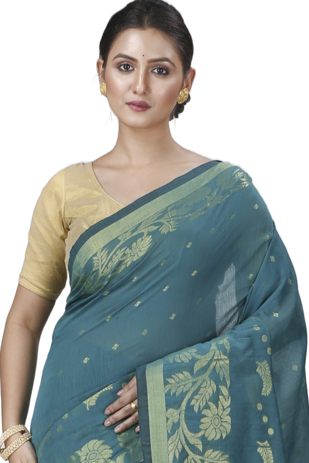 See Green Blended Cotton Turik Hand Loom Saree (1251)